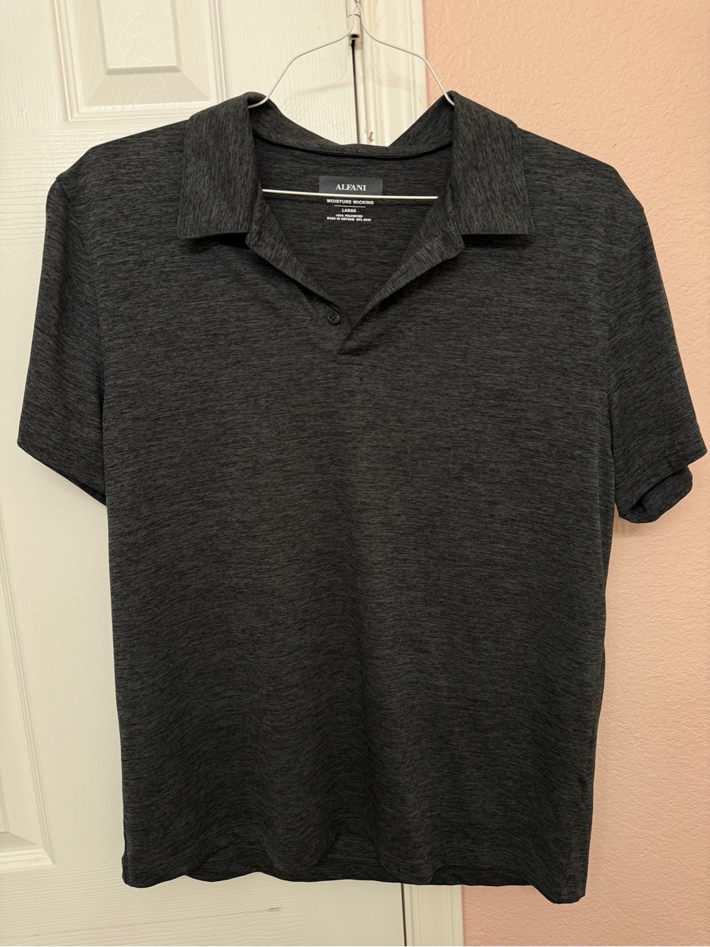 Alfani Mens L Dark Charcoal Heather Moisture Wicking Short Sleeve Polo Shirt